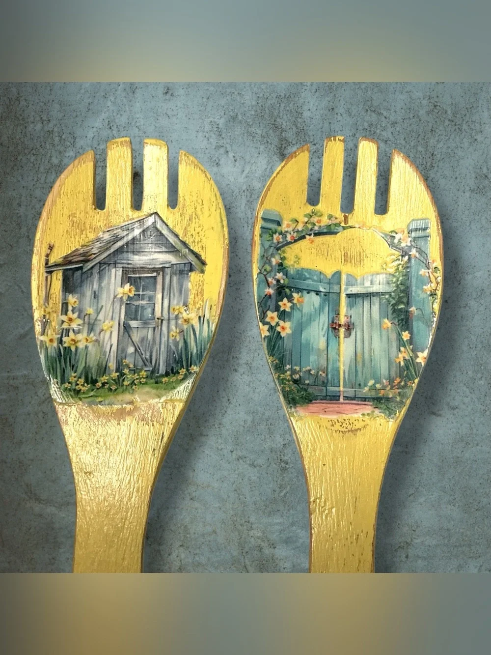 Vintage Folk Art Painted Wooden Utensils w/ Applied Decorative Cottage Cut-outs
